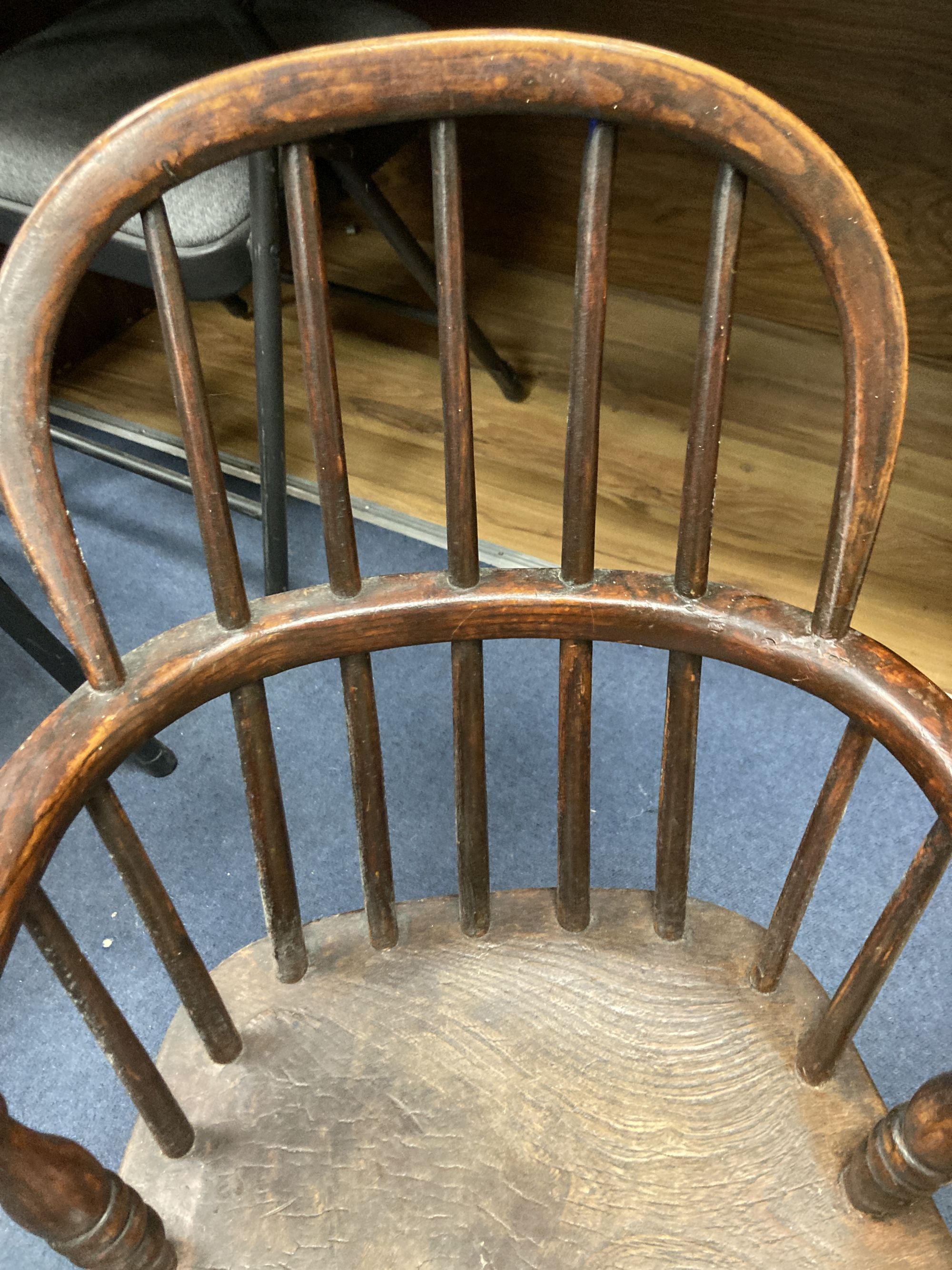 A 19th century elm and fruitwood childs Windsor elbow chair, width 40cm depth 30cm height 64cm